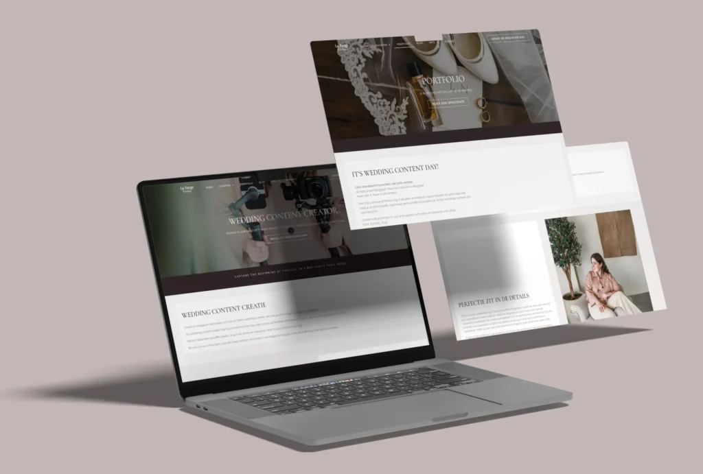 3D mockup van de La Forge Weddings-website op een open laptop met meerdere zwevende webpagina-secties in beeld.
